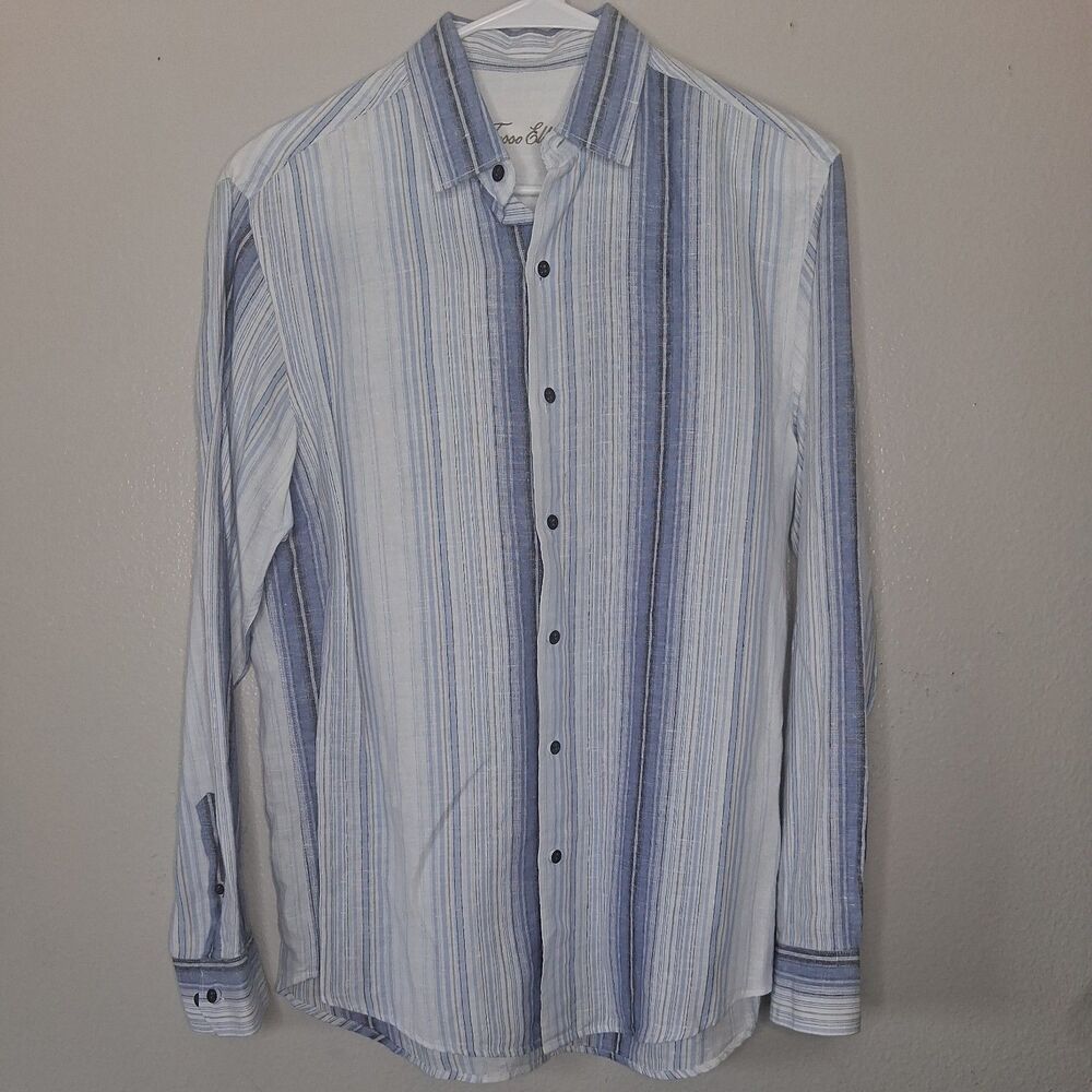 Tasso Elba Button-up Shirt Blue White Striped Long Sleeve Linen Blend Men's S